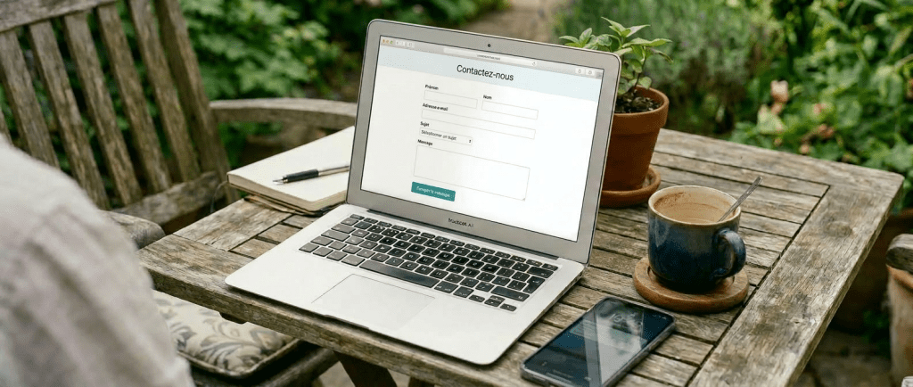 Laptop showing code on wooden outdoor table with coffee cup and smartphone
