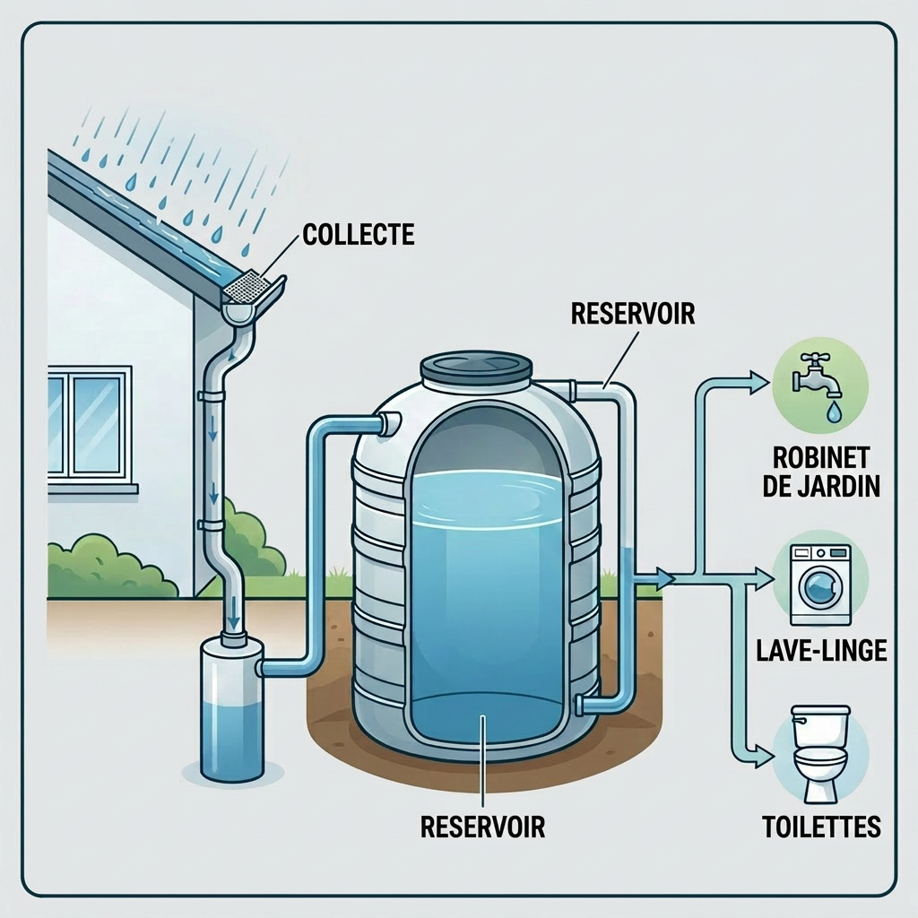 Diagram of a rainwater harvesting system with gutter filter, first flush separator, storage tank, pump, and water uses including garden tap, washing machine, and toilet flush.